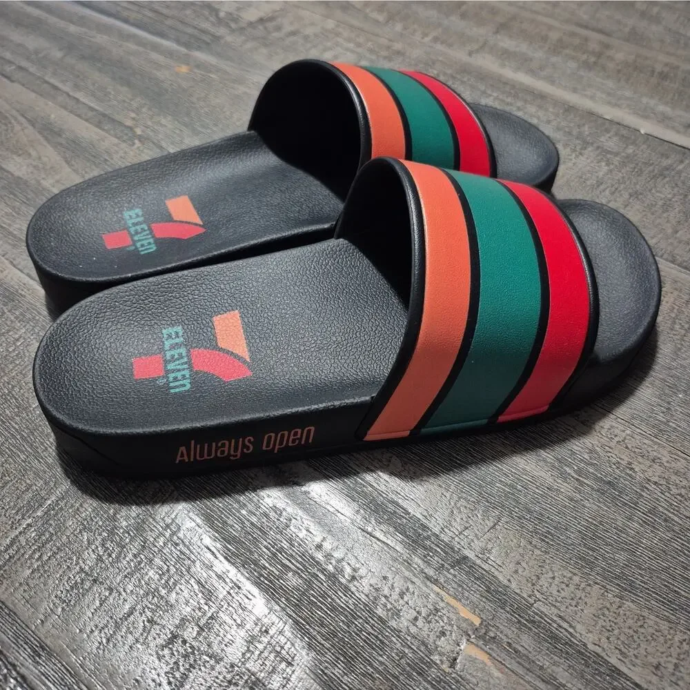 7-11 Shoes Slides Size 36 Womens 6 Mens 4 Sandals Black Red Green Orange 7Eleven
